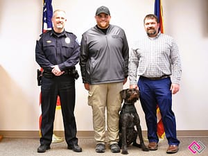 Lt. Douglas Flannery, Officer Aaron Hall, K9 Altz and Greenville Safety/ Service Director Ryan Delk. Gaylen Blosser photo.