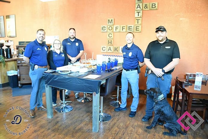 Greenville Police Department Coffee with the Cops (L-R) Chief Ryan Benge, Dispatcher Mary Fox, School Resource Office Ryan Borowske, Lt. Benjamin Boyer, K-9 Officer Aaron Hall